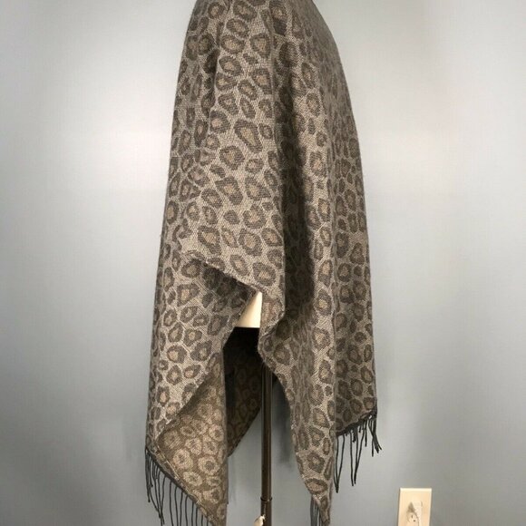 Woolrich Leopard Print Fringe Poncho Wrap One Size Polyester & Viscose Brown/Gra - Picture 5 of 8